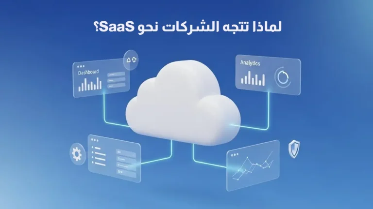 غيمة بيضاء محاطة بأربعة صناديق شفافة تعرض أدوات مثل لوحة تحكم، تحليلات، إعدادات، وحماية؛ تجسد الصورة اتجاه الشركات نحو SaaS (البرمجيات كخدمة).